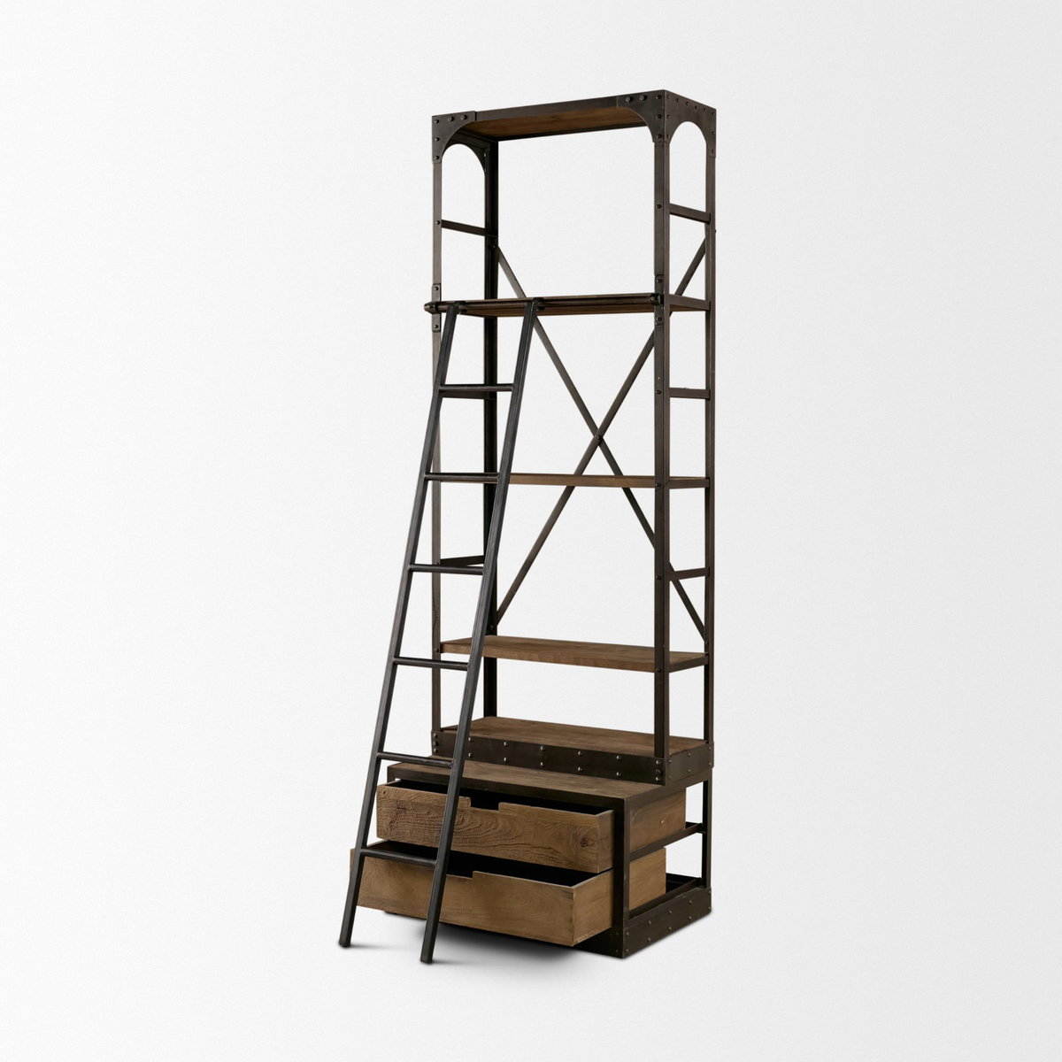 Brodie VII 32L x 22W x 94H Brown Wood Gun-Metal Bracing Four Shelf Shelving Unit, Shelving & Bookcase by Mercana, 31.5" length x 21.5" width x 94" height View 10