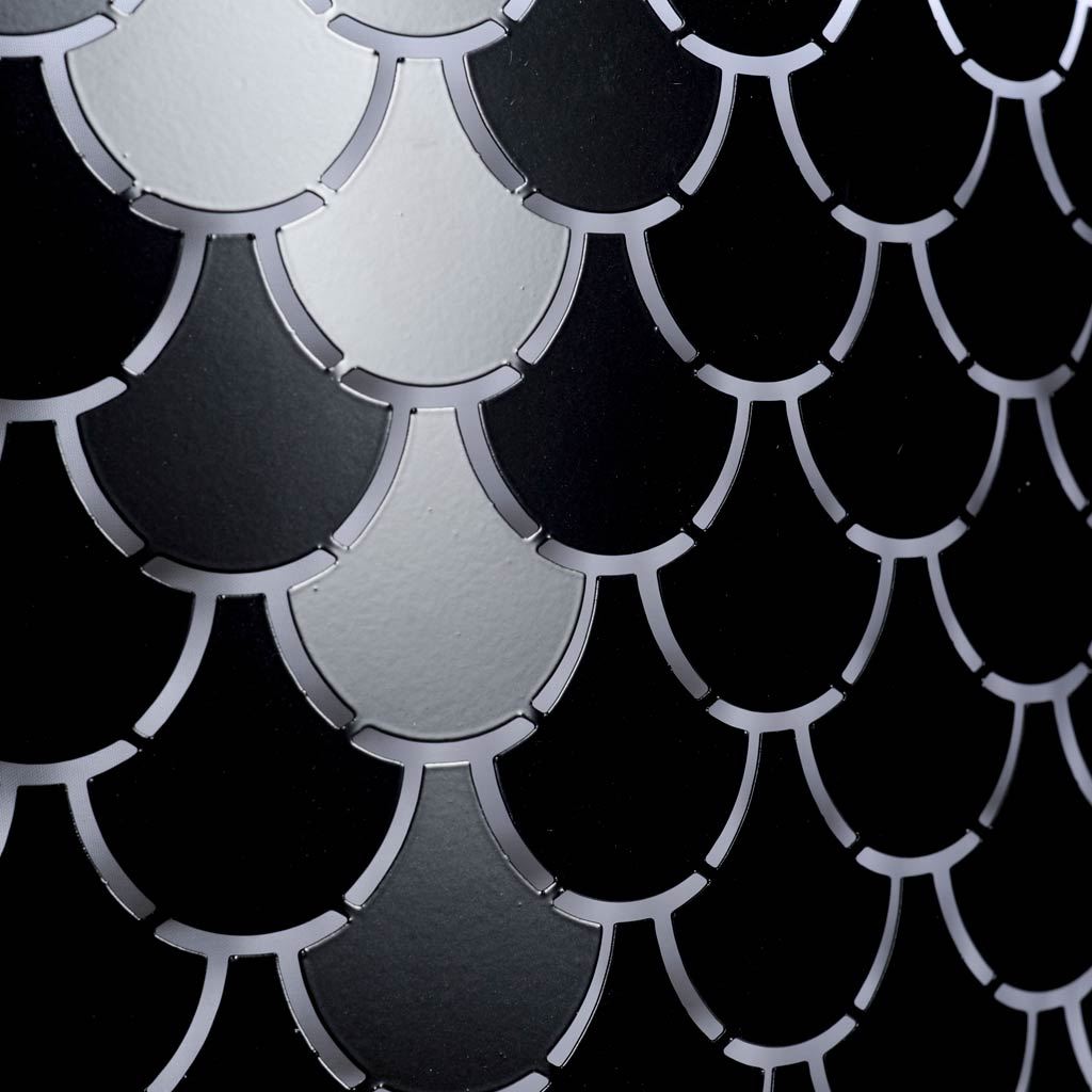 Brasseur I (26'x15') Charcoal Black Metal Fish Scale Three Bulb Chandelier, by Mercana, 26" length x 26" width x 15" height View 2