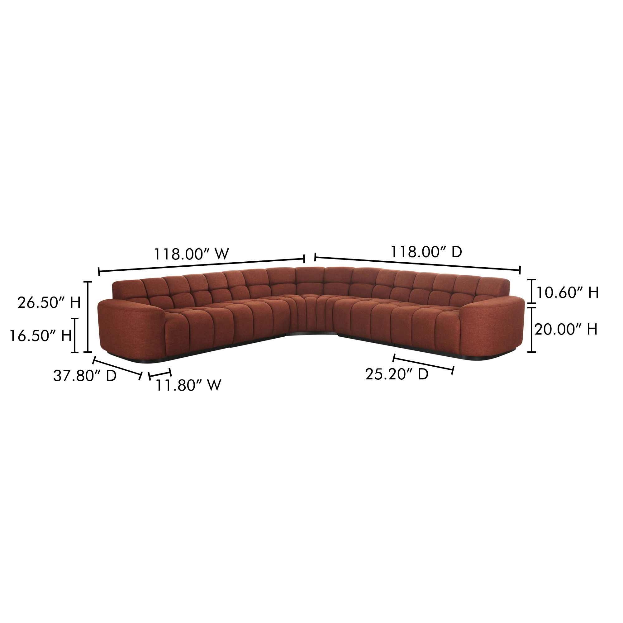 Roman L-shaped Sectional Rust, Sectional Sofa by Moe's Home, 118" width x 26.5" height x 118" depth View 12