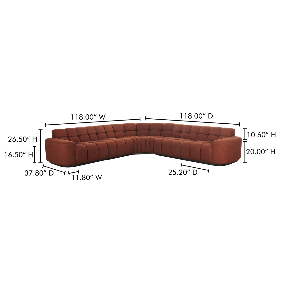 Roman L-shaped Sectional Rust, Sectional Sofa by Moe's Home, 118" width x 26.5" height x 118" depth View 12