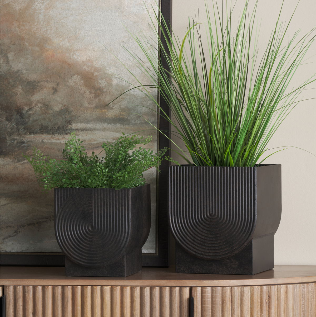 Medina Antiqued Black Metal Planters  (Set of 2), by Mercana, 9.45" length x 9.45" width x 11.02" height View 2