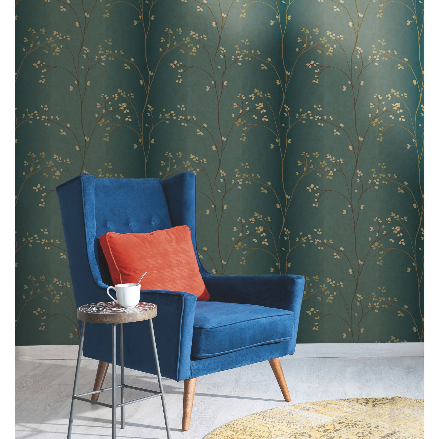 Vertical Blossoms Teal Metallic Wallpaper large image 