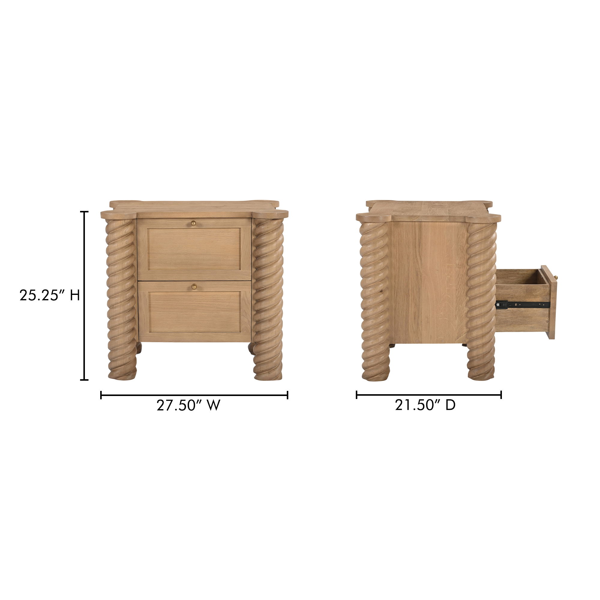 Treccia 2 Drawer Nightstand Oak, by Moe's Home, 27.5" width x 25.25" height x 21.5" depth View 14