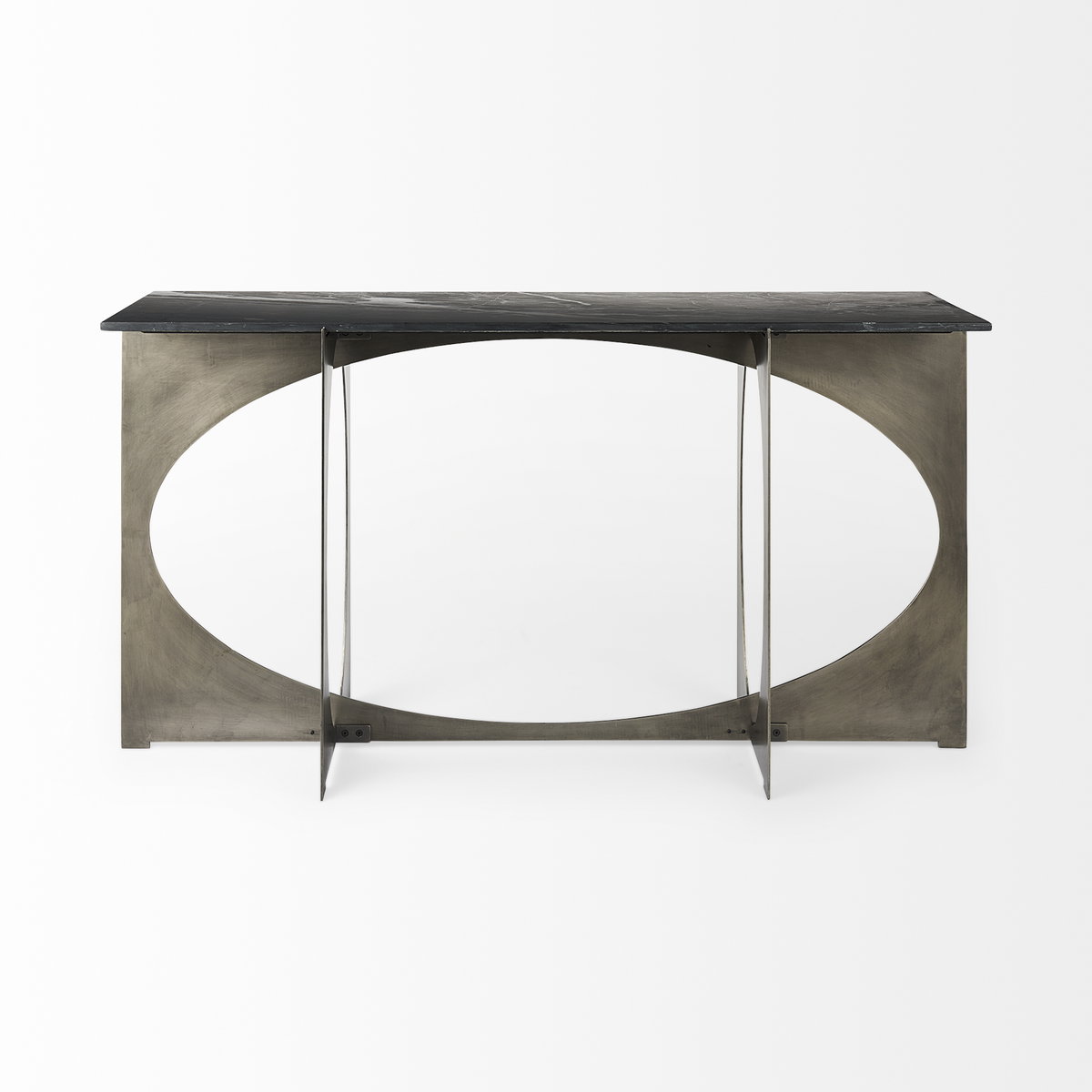 Reinhold IV Black Marble Top Iron Console Table, by Mercana, 60" length x 17" width x 31" height View 4