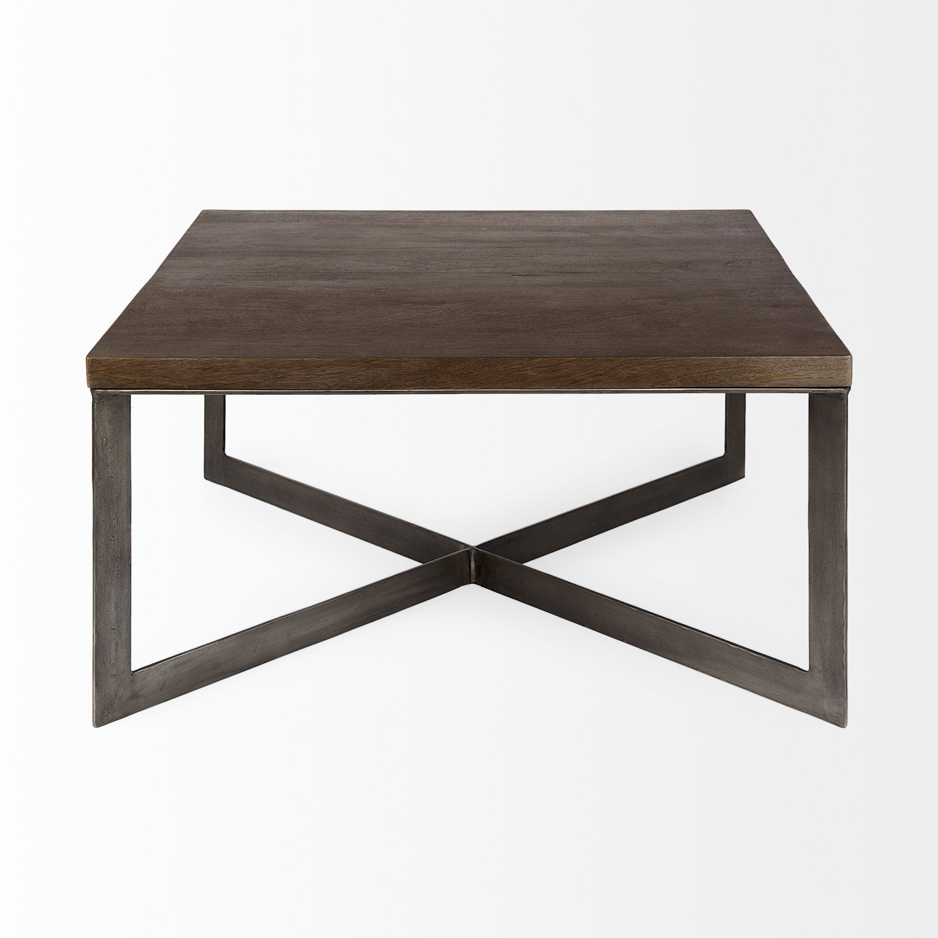 Faye 34L x 34W x 17H Medium Brown Wood with Antique Nickel Metal Base Square Coffee Table large image 
