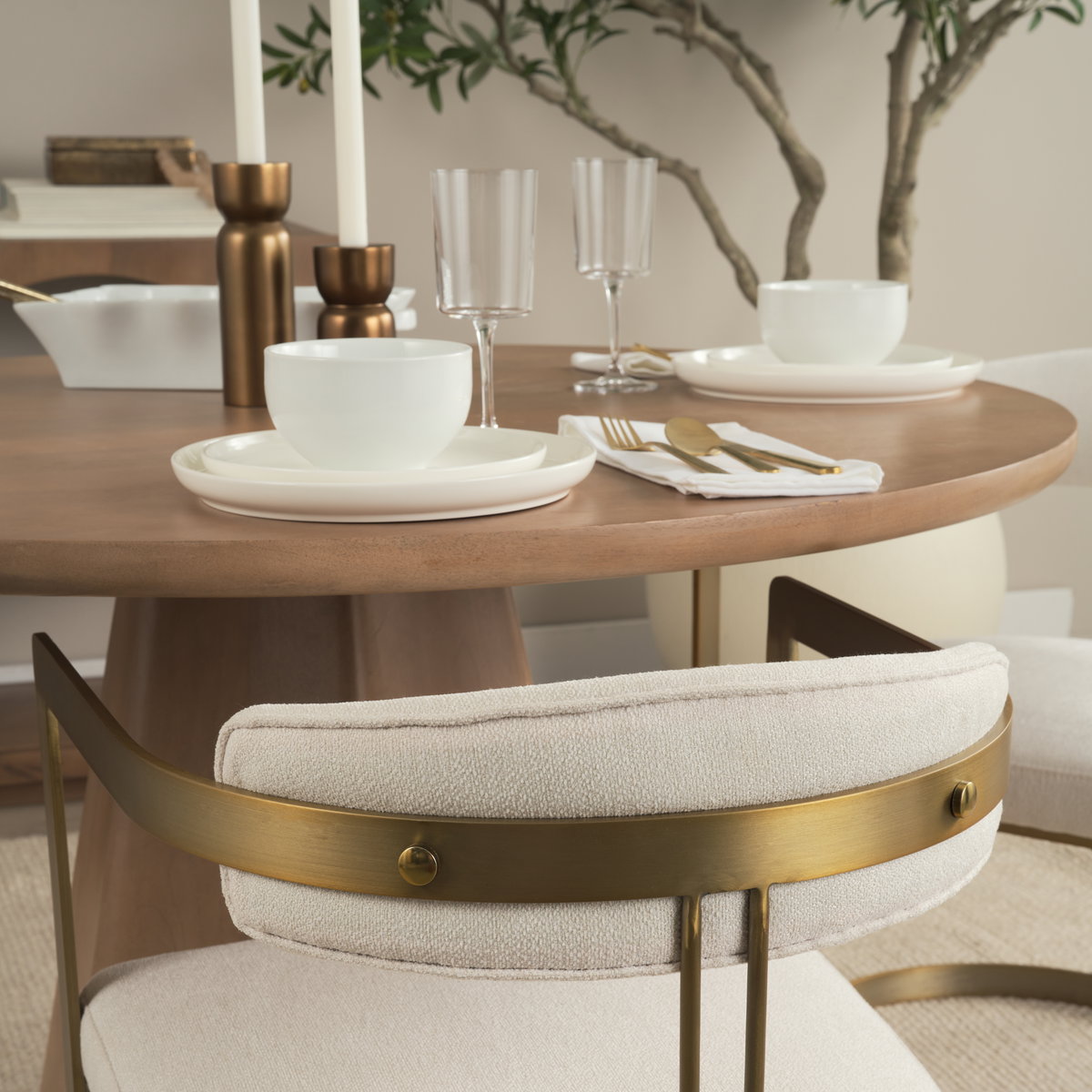 Hollyfield Curved Back Dining Arm Chair | Cream Fabric with Gold Iron, Dining Chair by Mercana, 20.47" length x 21.26" width x 29.53" height View 5