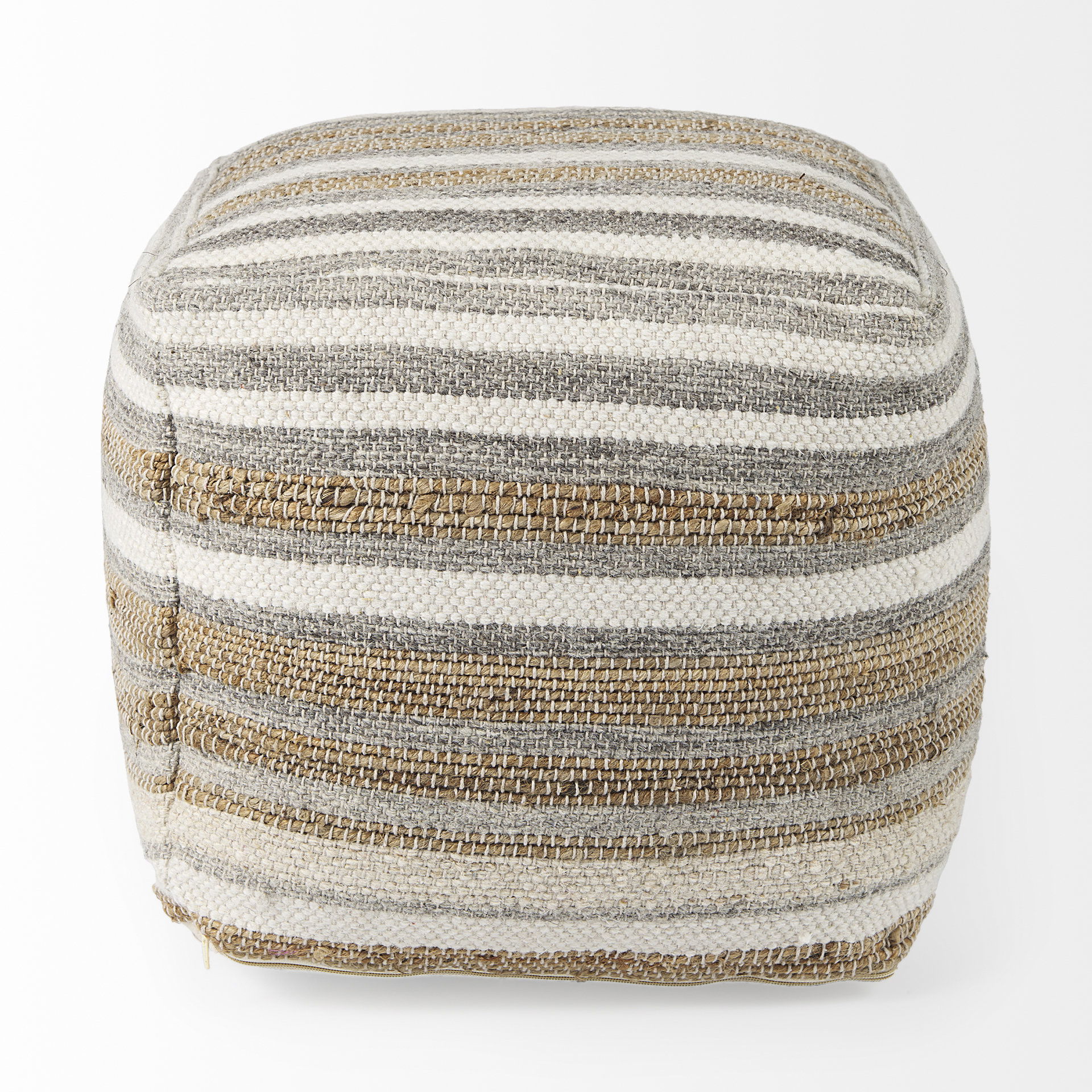 Aahana  White/Taupe/Gray Striped Hemp and Cotton Pouf large image 