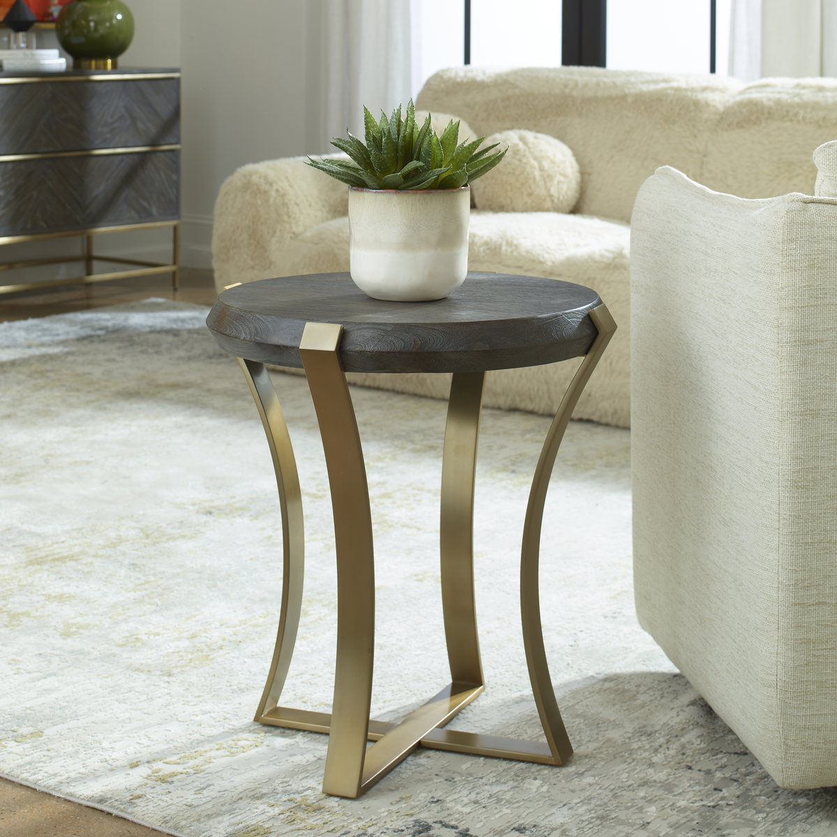 Unite Brass Leg Wood Side Table, Side & End Table by Uttermost, 22.5" width x 24" height x 22.5" depth View 2