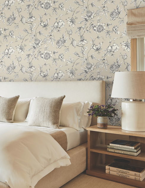 Passion Flower Toile Beige Wallpaper
