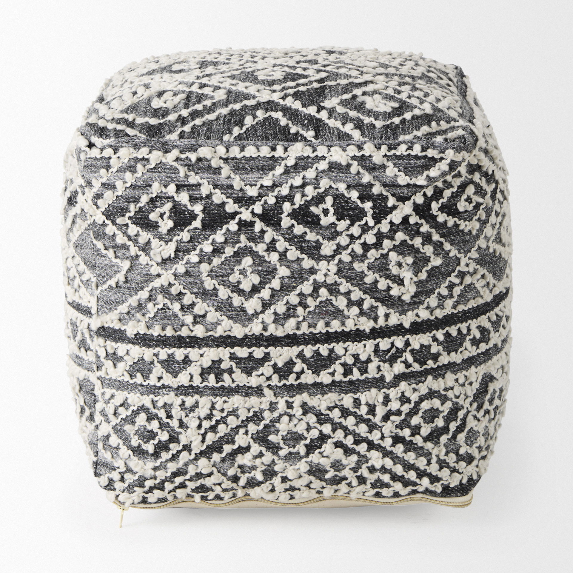 Farida   Dark Gray Wool and Polyester Patterned Pouf large image 