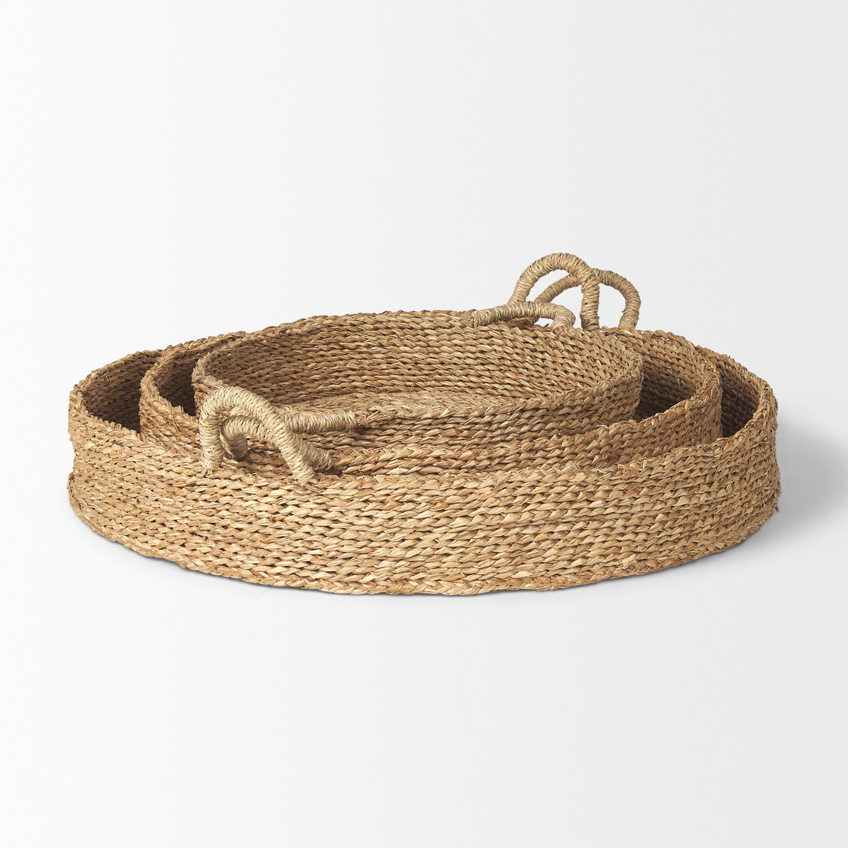 Ulana Set of 3 Round Nesting Seagrass Trays with Loop Handles, Decorative Tray by Mercana, 26.38" length x 26.38" width x 3.94" height View 6