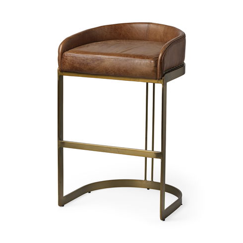 Hollyfield 20.5L x 19.75W x 32.75H Brown Leather Seat Gold Metal Base Bar Stool