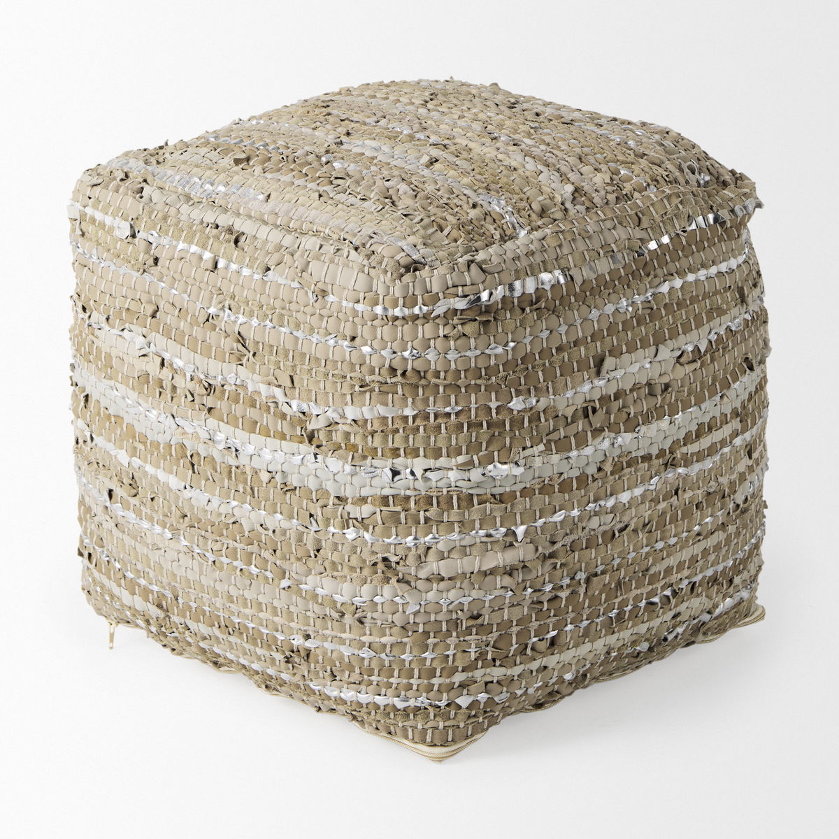 Aadhya  Taupe/Silver Leather and Cotton Pouf, Ottoman by Mercana, 16" length x 16" width x 16" height View 4
