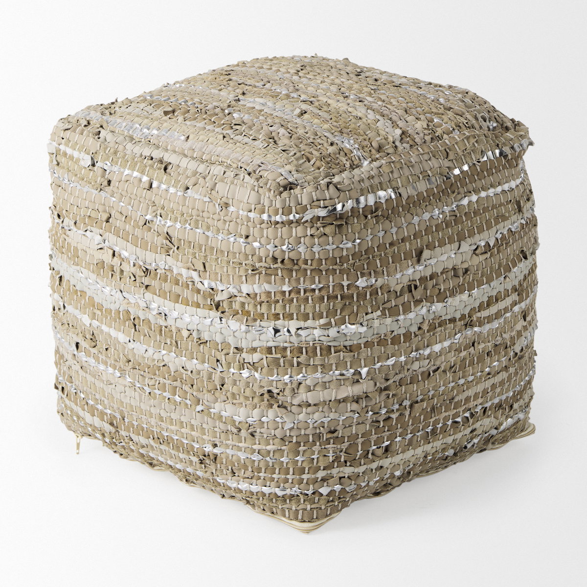 Aadhya  Taupe/Silver Leather and Cotton Pouf, Ottoman by Mercana, 16" length x 16" width x 16" height View 4