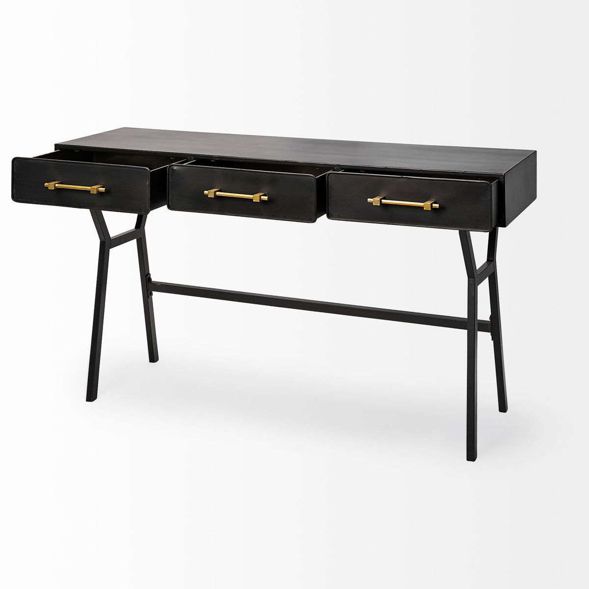 Vince 51L x 18W Black Metal with Gold Accents 3 Drawer Office Desk, by Mercana, 51.18" length x 18.31" width x 31.1" height View 7