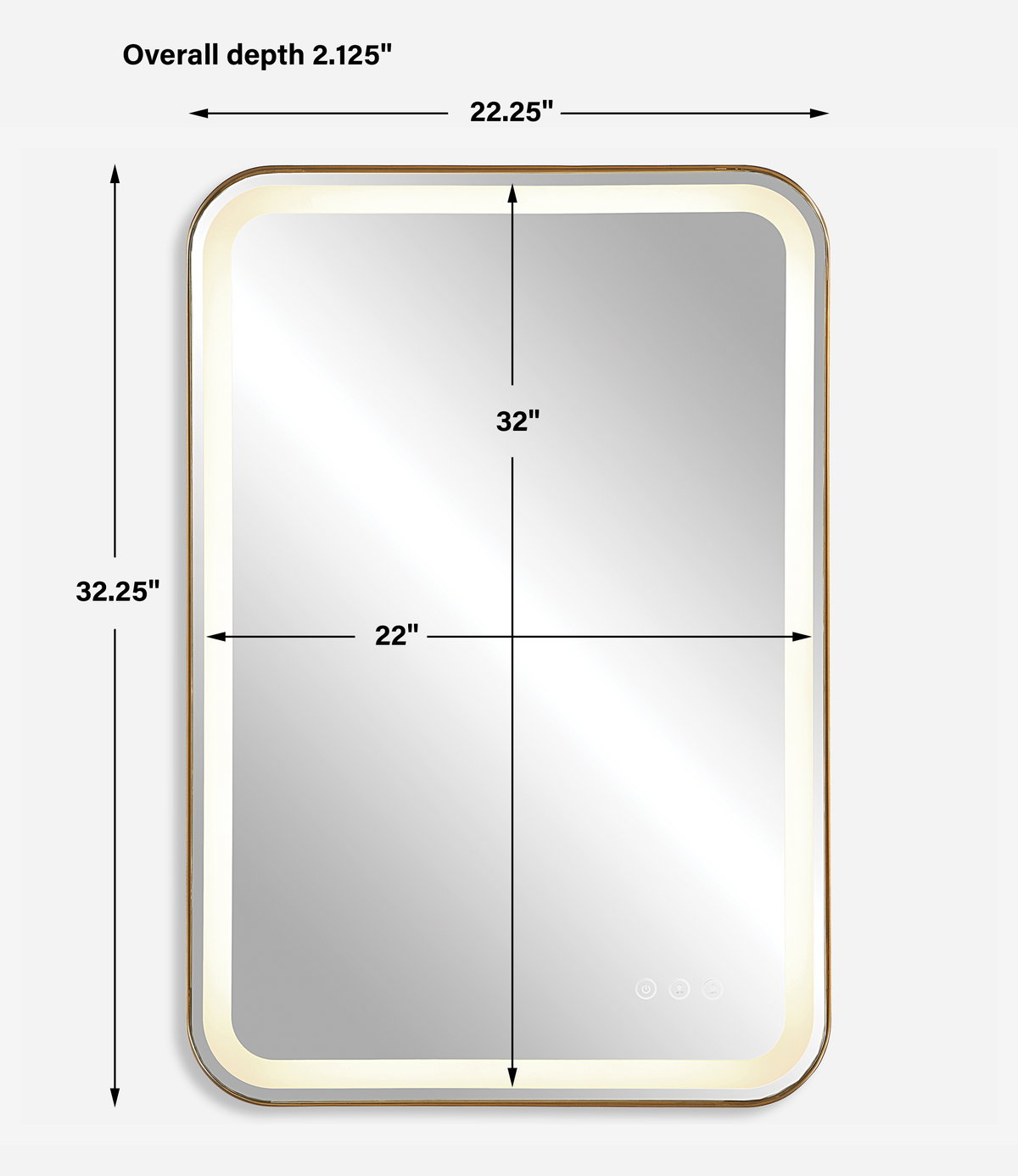 Crofton Lighted Brass Vanity Mirror, by Uttermost, 1'10.25" width x 2'8.25" height x 2.12" depth View 3