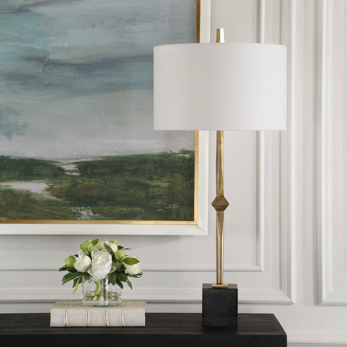 Suranne Antique Brass Table Lamp, by Uttermost, 16" width x 35.25" height x 16" depth View 4