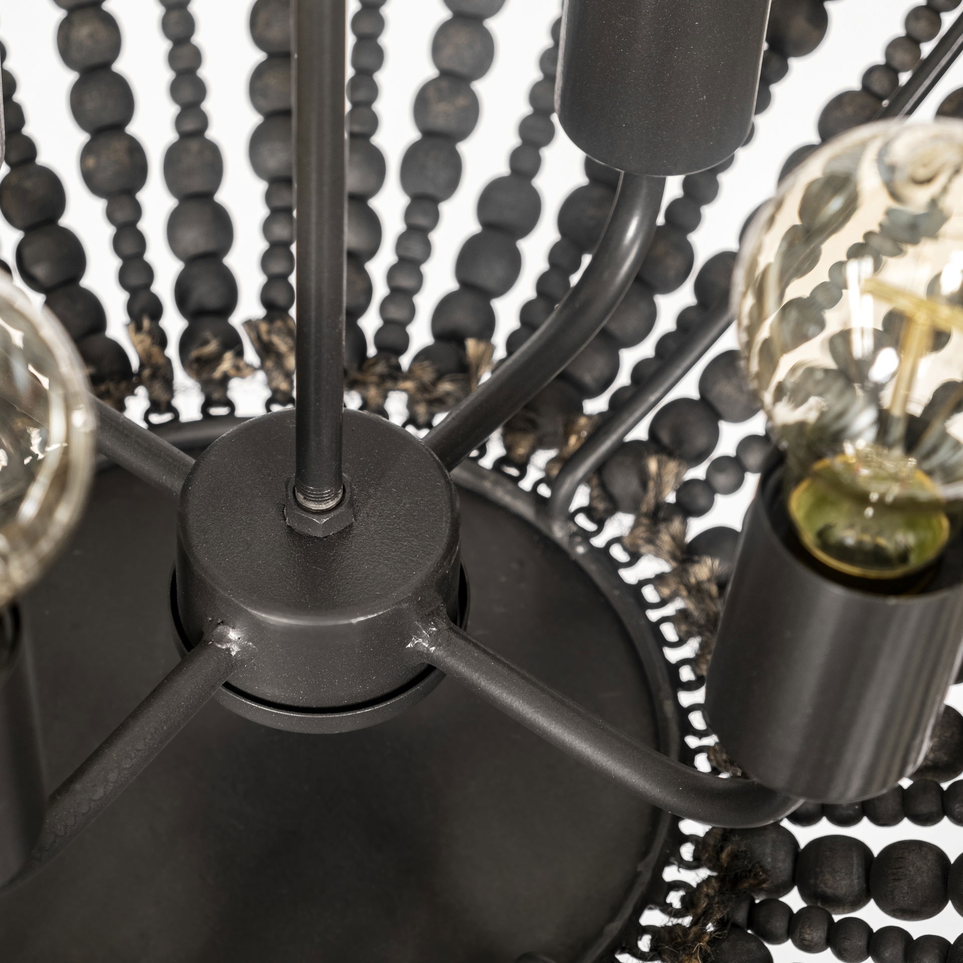 Liam I 32x30 Black Wooden Bead Bowl-Style Four Bulb Chandelier, by Mercana, 32.28" length x 32.28" width x 30" height View 7