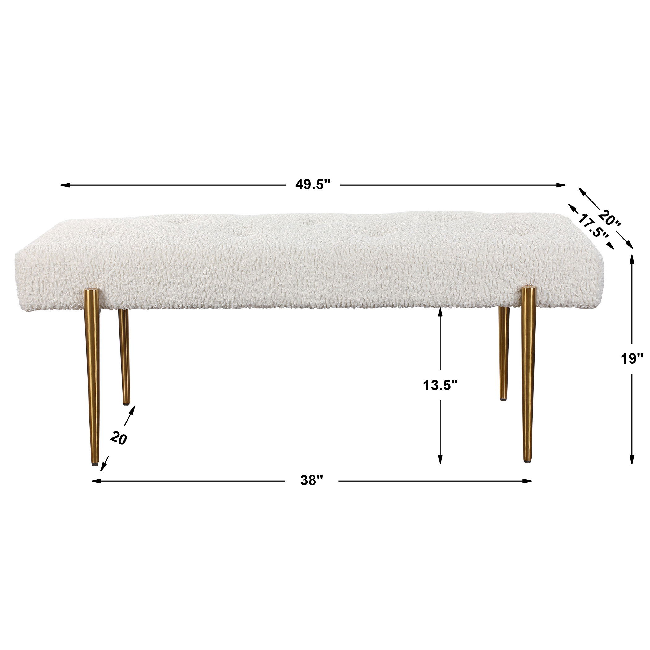 Olivier White Bench, Furniture by Uttermost, 49" width x 19" height x 20" depth View 3