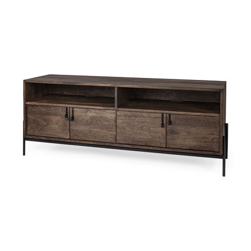Glenn IV Dark Brown Wood with Black Iron Frame Media Console with Storage, TV Stand for TV up to 71"