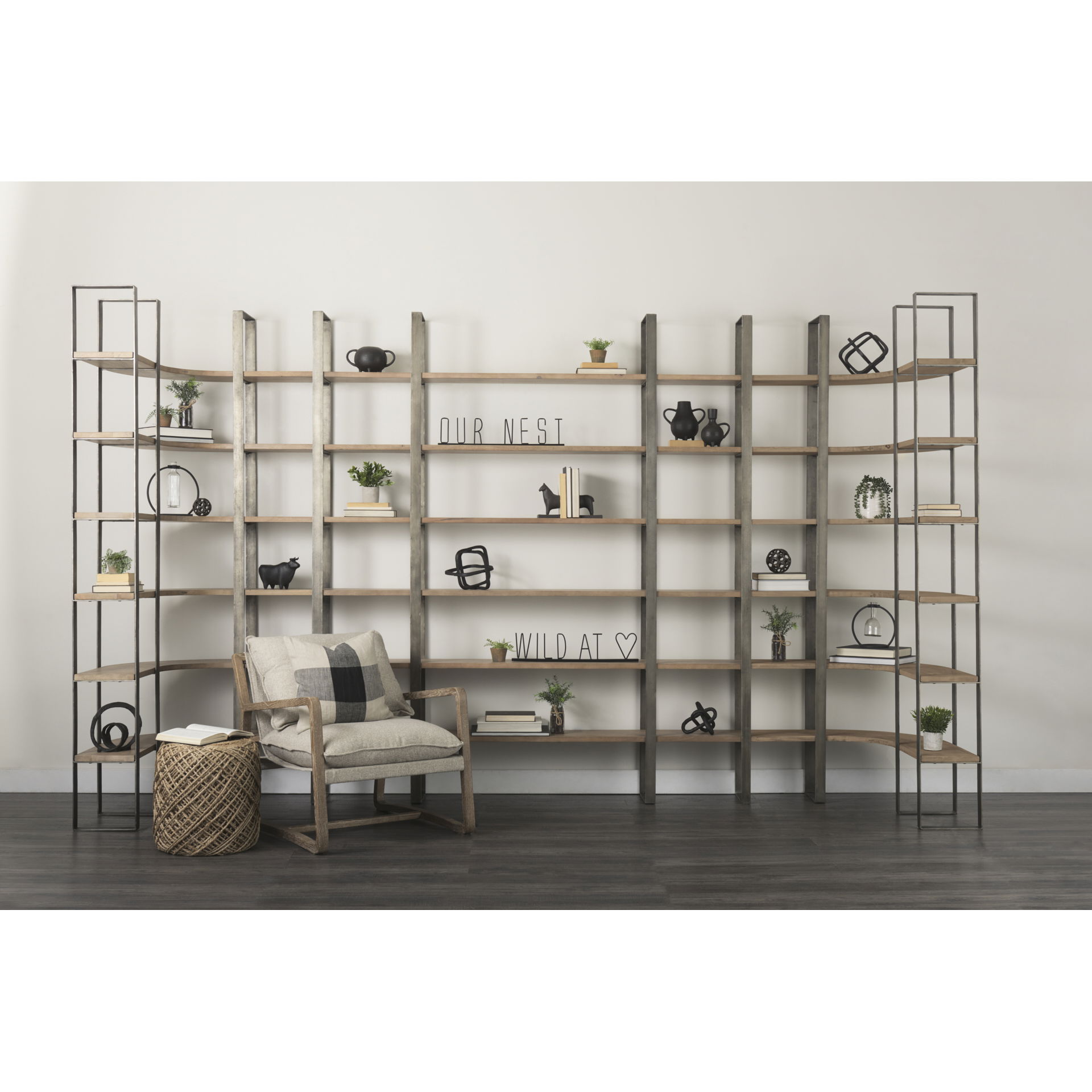 Taunton 80L x 10.5W x 90H Medium Brown Wood with Antique Nickel Metal Frame 6 Tier Shelving Unit, Shelving & Bookcase by Mercana, 80" length x 10.5" width x 90" height View 2