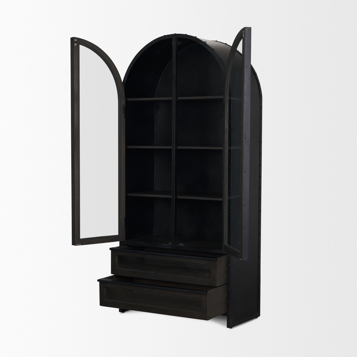 Gehry 72.3' H Dark Brown Metal Brown Wood and Glass Door Display Cabinet, Cabinets & Sideboard by Mercana, 33.25" length x 16.25" width x 72.25" height View 8