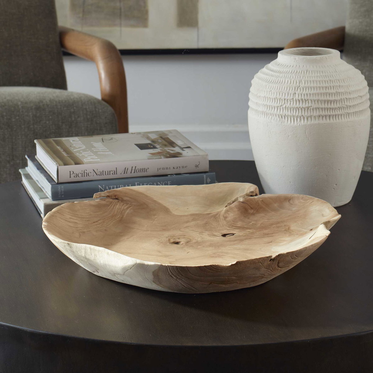 Organic Embrace Outdoor Teak Bowl, Decorative Tray by Uttermost, 19.7" width x 3.54" height x 19.7" depth View 7