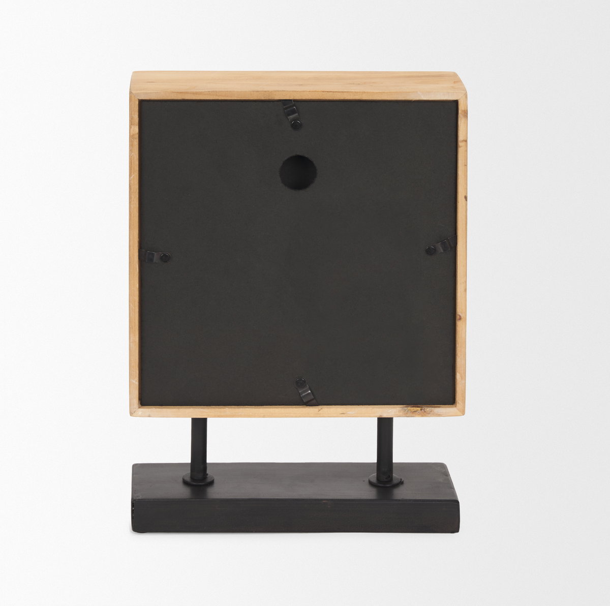 Renaya Light Brown Wood with Matte Black Metal Base Table Clock, by Mercana, 8.07" length x 2.76" width x 11.02" height View 6