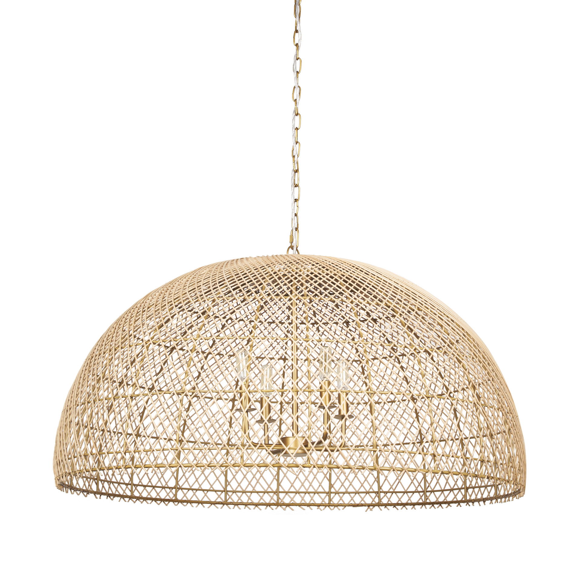 Thad 4-Light Natural Woven Rattan Dome Chandelier, by Mercana, 38" length x 38" width x 21" height View 1