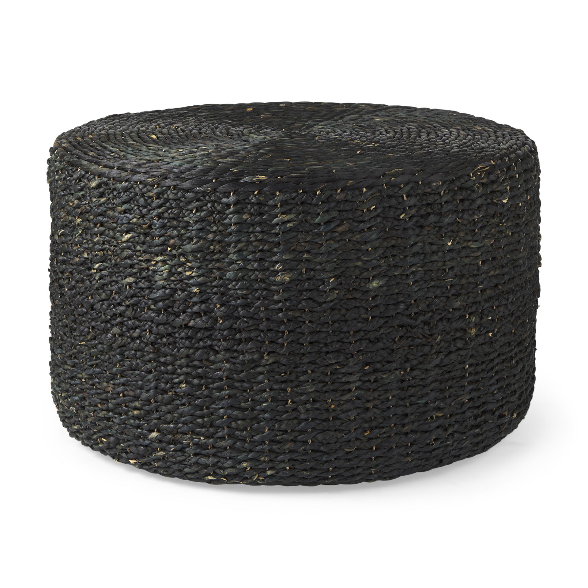 Dina 75L x 75W x 45H Black Cornhusk and Water Hyacinth Round Coffee Table Pouf, Ottoman by Mercana, 29.53" length x 29.53" width x 15.75" height View 1