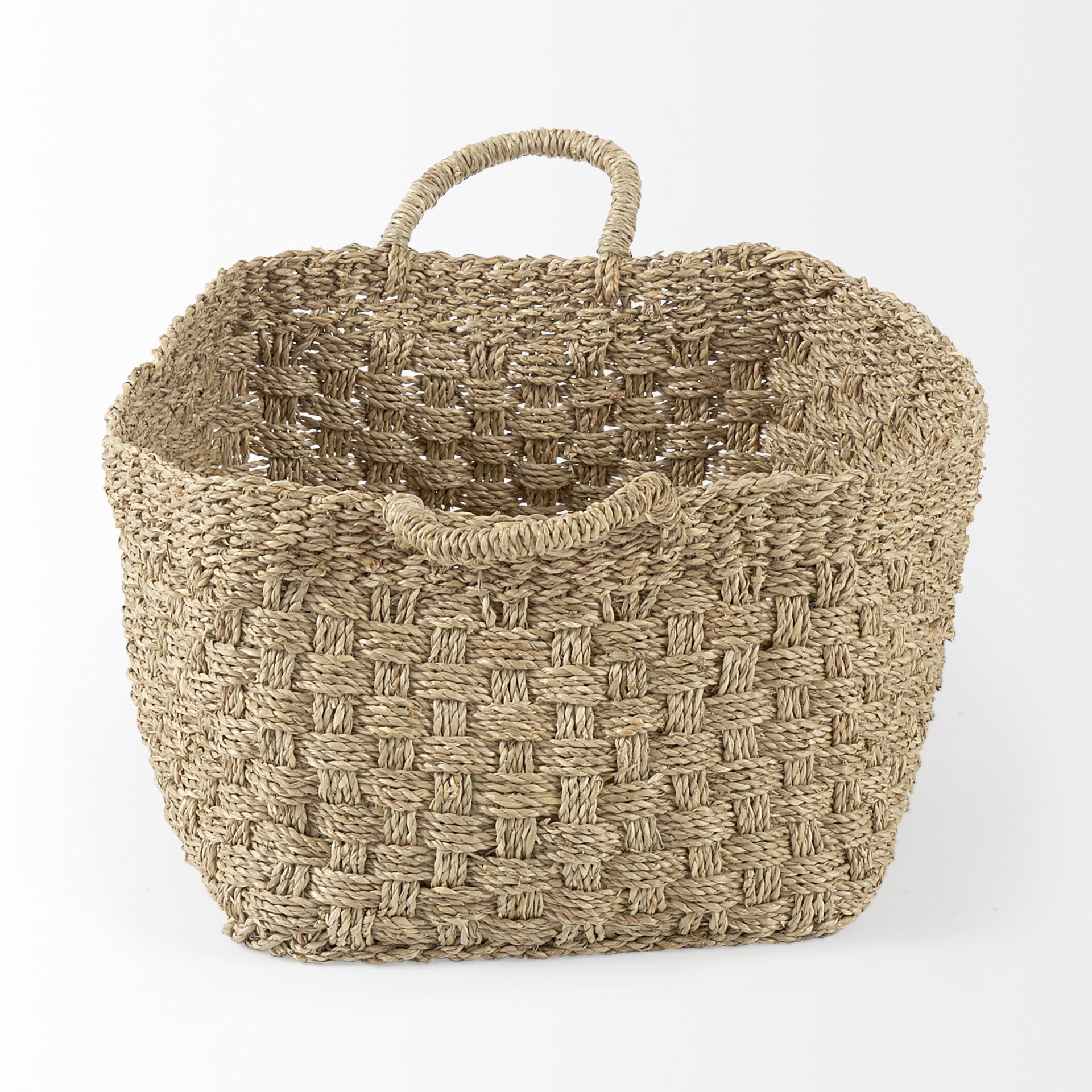 Emra  (Set of 3) Light Brown Seagrass Rectangular Basket with Handles, Bins & Basket by Mercana, 17.32" length x 11.81" width x 7.87" height View 4