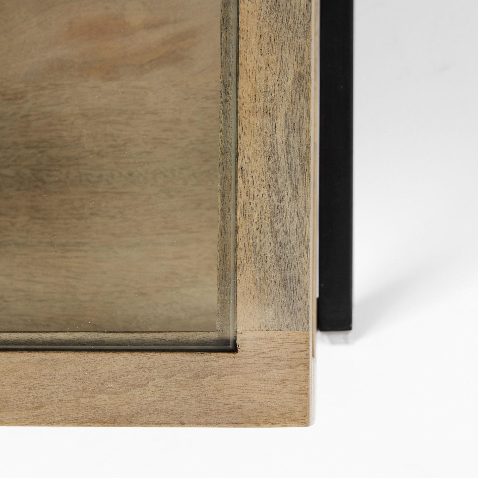 Arelius 42' Square Glass-Top Light Brown with Black Metal Base Display Coffee Table, by Mercana, 43.5" length x 42" width x 15" height View 13