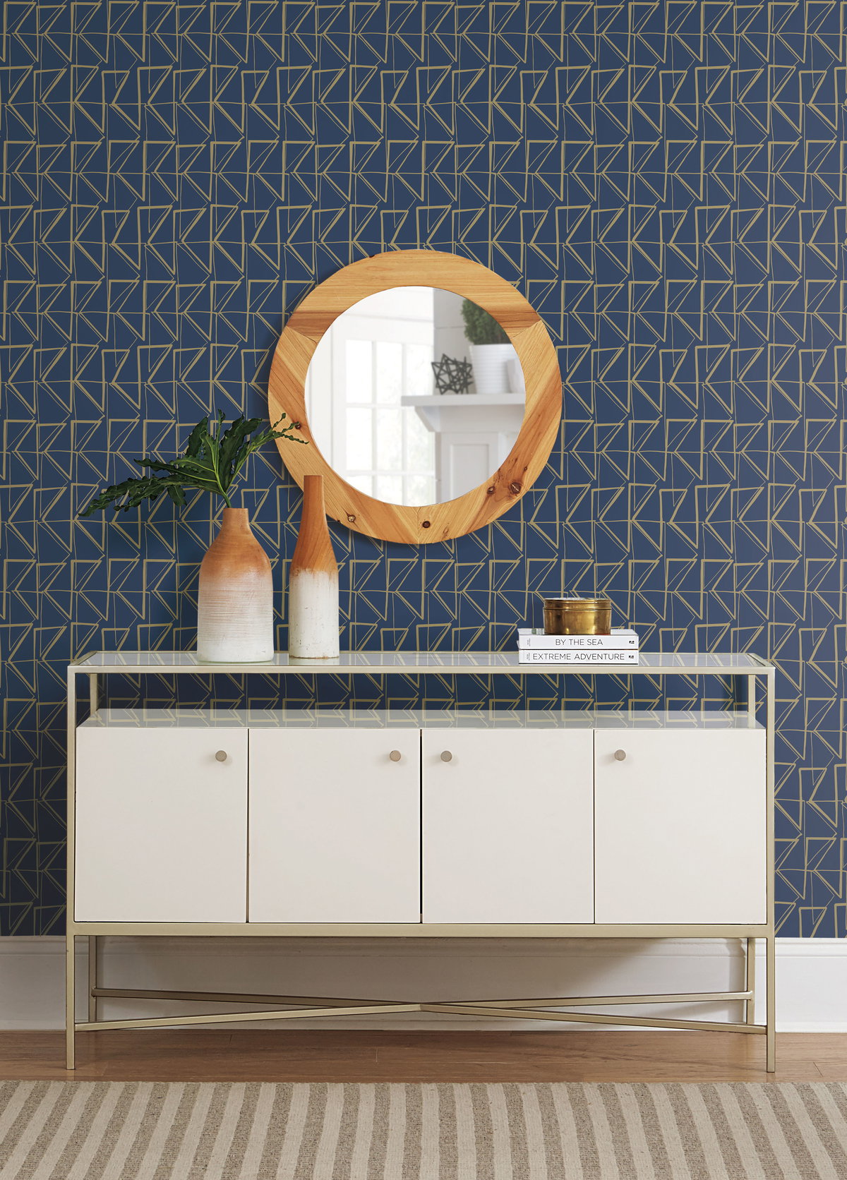 Love Triangles Blue & Gold Metallic Peel & Stick Wallpaper, by York Wall, 20' length x 1'8.5" width x 0.02" depth View 3