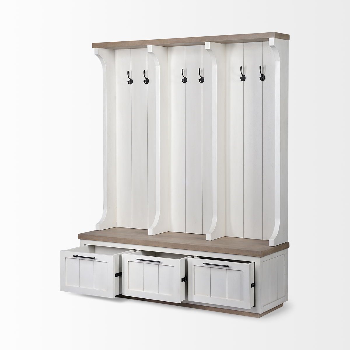Fairview IV 61L x 17W White And Brown Wood With Storage Hall Tree, Entry & Hallway by Mercana, 61" length x 18" width x 76" height View 9