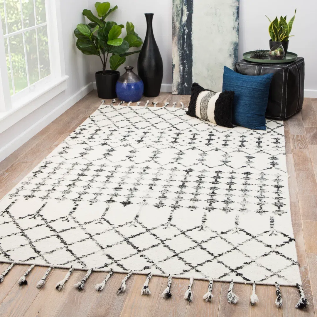 Geometric Wool/Silk Ivory/Black Area Rug large image 