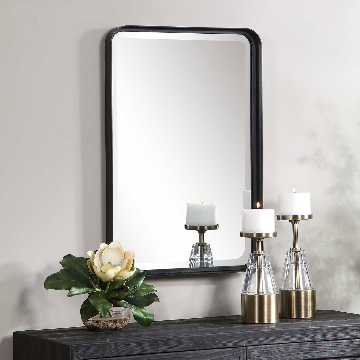 Croften Black Vanity Mirror, by Uttermost, 1'8.25" width x 2'6.25" height x 2.25" depth View 7
