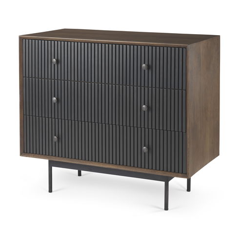 Grace  Medium Brown Wood with Black Metal Frame 3 Drawer Accent Cabinet
