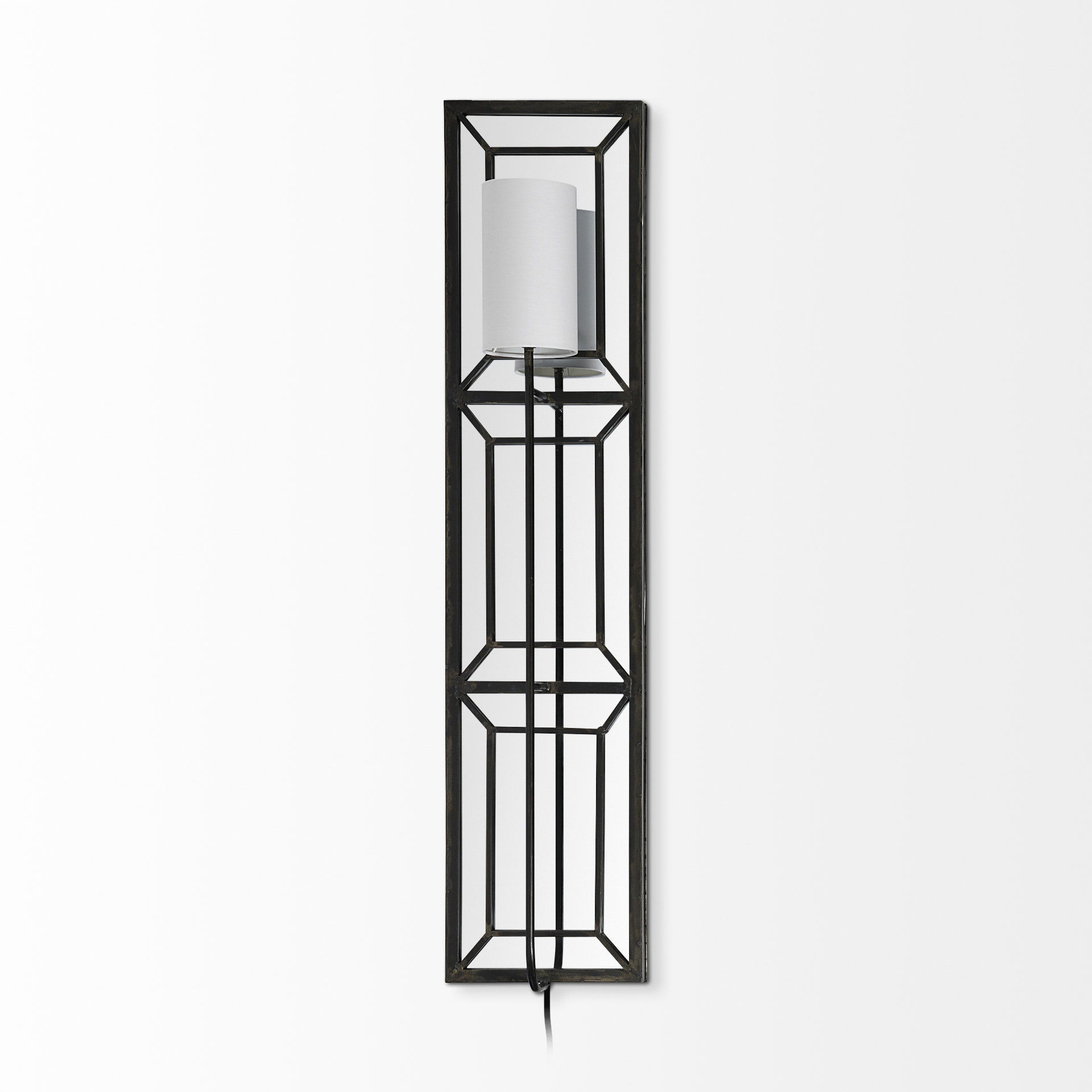 Noah 12.2x55 Black Metal with White Fabric Shade Rectangular Wall Sconce, by Mercana, 12.2" length x 7" width x 55" height View 2