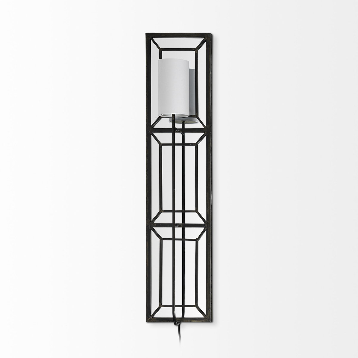 Noah 12.2x55 Black Metal with White Fabric Shade Rectangular Wall Sconce, by Mercana, 12.2" length x 7" width x 55" height View 4