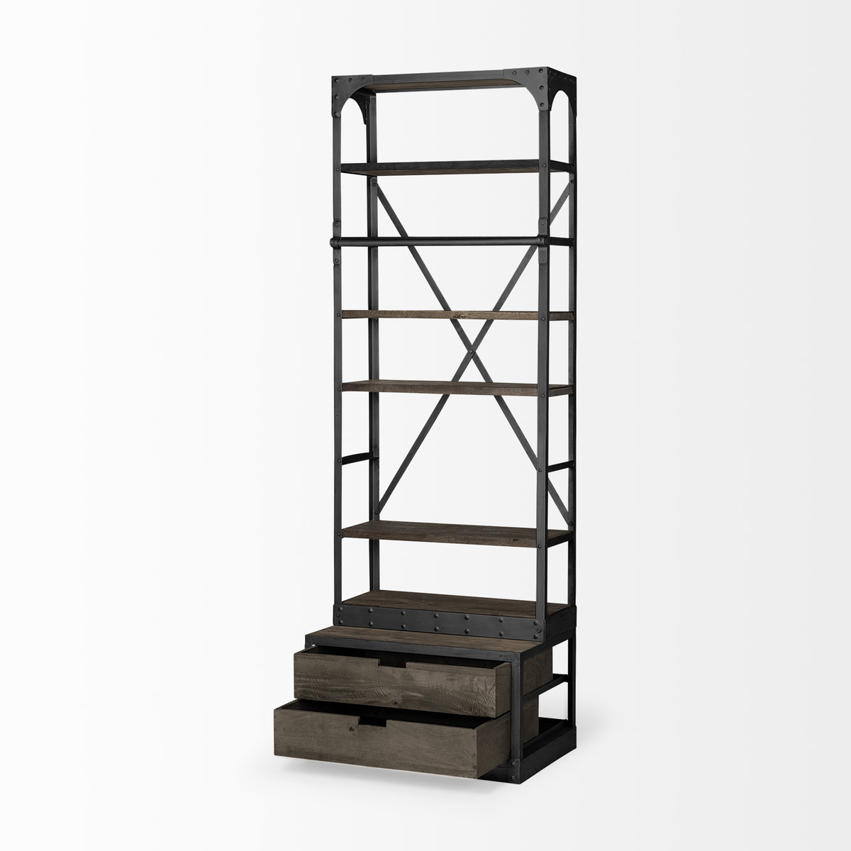 Brodie VII 32L x 22W x 94H Brown Wood Gun-Metal Bracing Four Shelf Shelving Unit, Shelving & Bookcase by Mercana, 31.5" length x 21.5" width x 94" height View 8