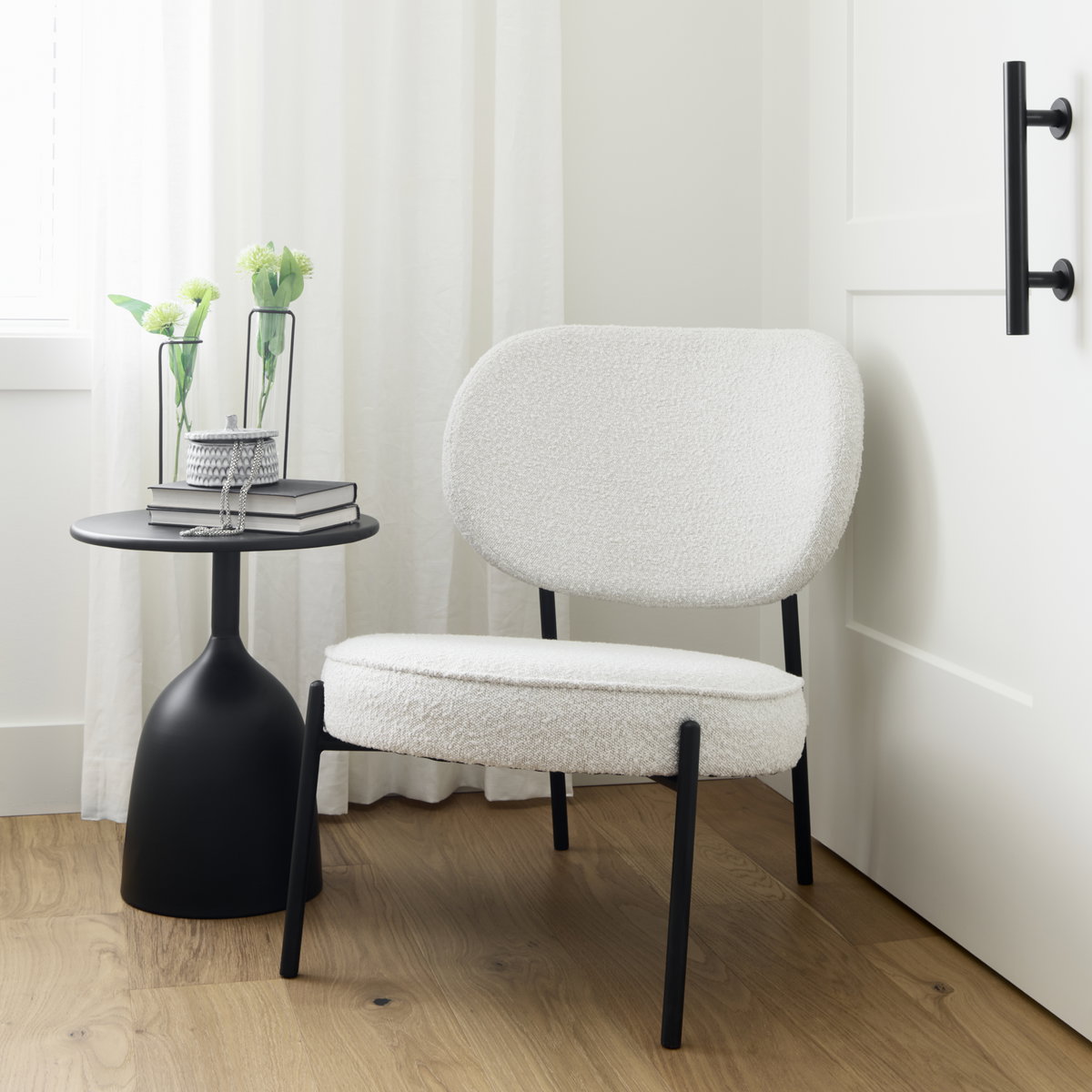 Amelia Cream Boucle with Black Metal Upholstered Accent Chair, by Mercana, 21.26" length x 21.26" width x 30.31" height View 2