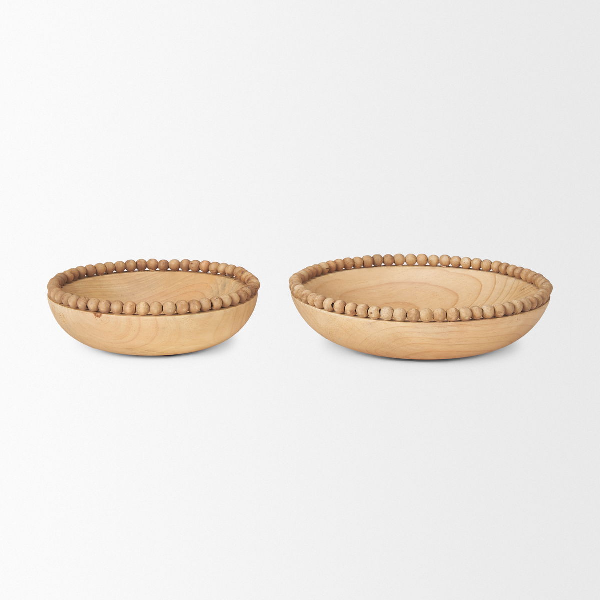 Wendell Light Brown Wood with Wood Bead Round Bowls, Decorative Bowl by Mercana, 12" length x 12" width x 3" height View 4