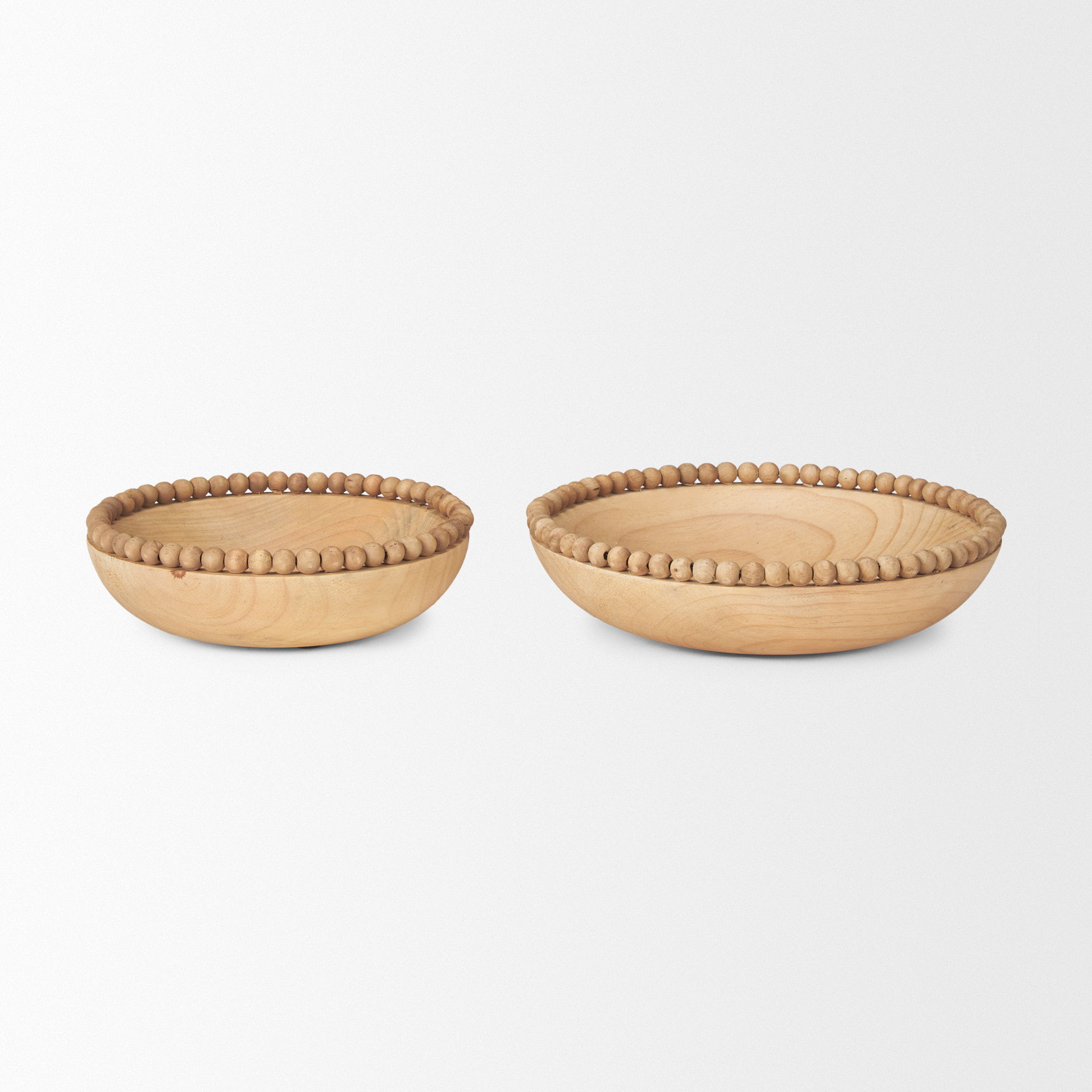 Wendell Light Brown Wood with Wood Bead Round Bowls, Decorative Bowl by Mercana, 12" length x 3.25" width x 12" height View 4