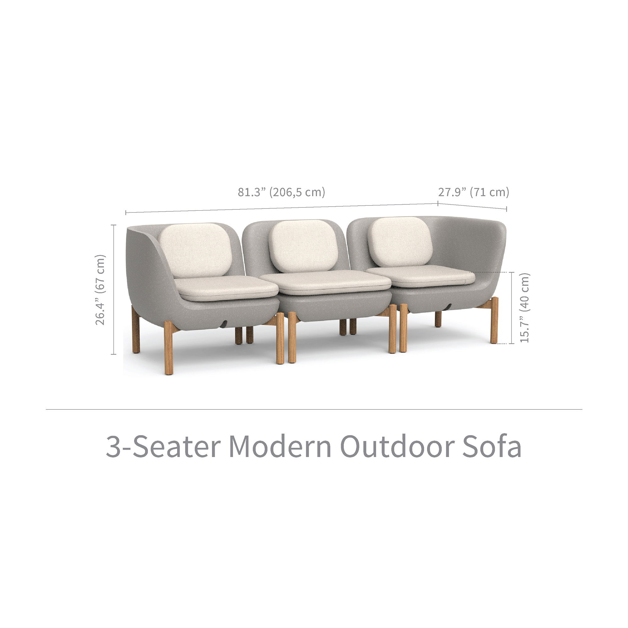 Inou Elements Modular Three-seater Sofa, Outdoor Furniture by Crescent Garden, 6'9.3" width x 2'2.4" height x 2'3.8" depth View 3