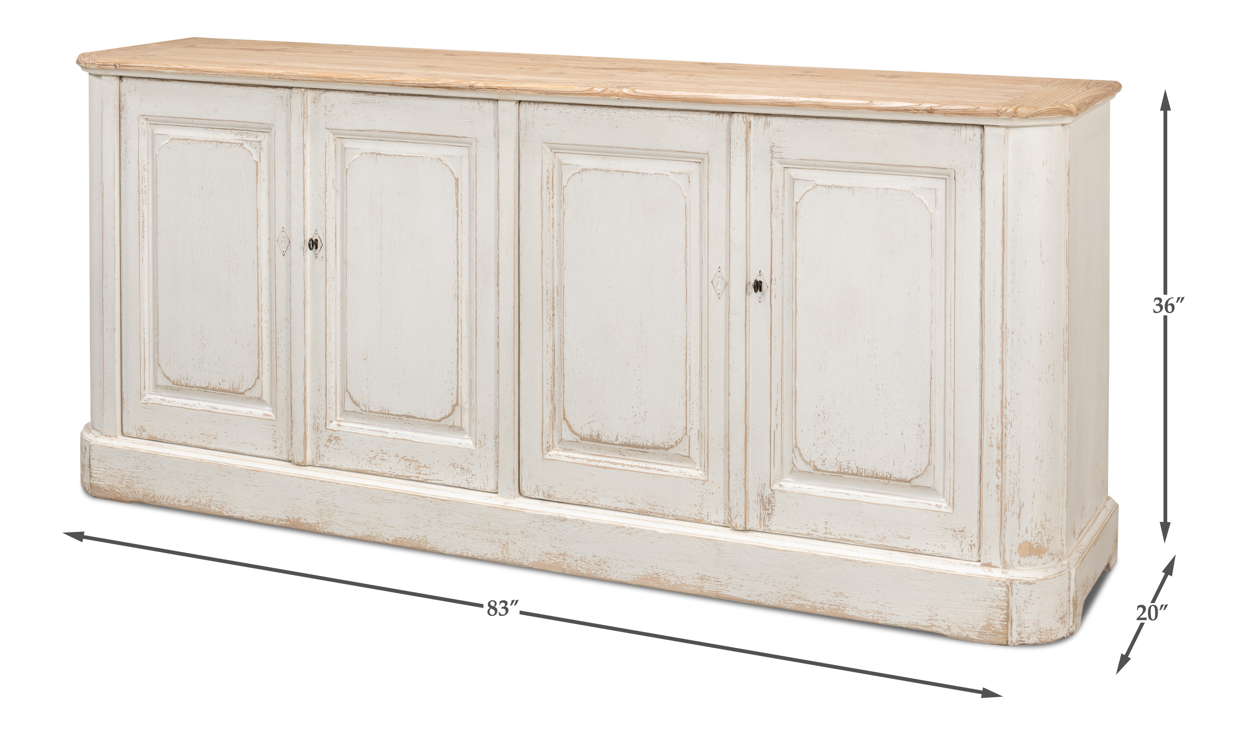 Antique Whitewash Sideboard, 4 Door, Cabinets & Sideboard by Sarreid, 83" length x 20" width x 36" height View 15