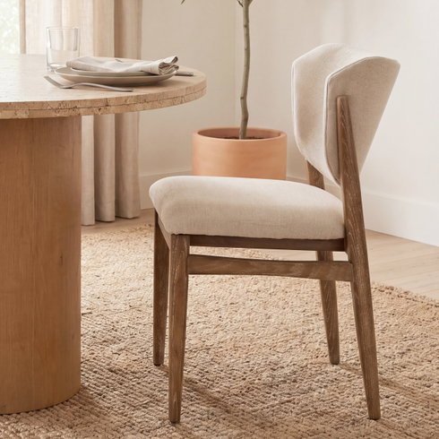 Cline Cream Fabric Upholstered and Light Brown Wood Dining Chair