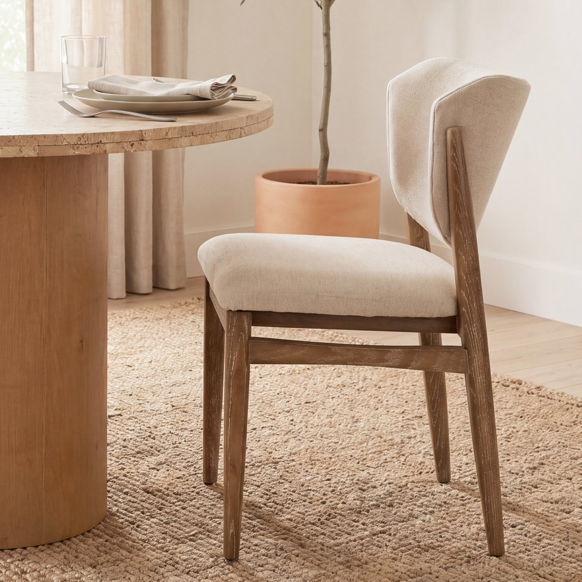Cline Curved Back Dining Side Chair | Cream Fabric with Brown Wood, Dining Chair by Mercana, 21" length x 22.5" width x 32" height View 2