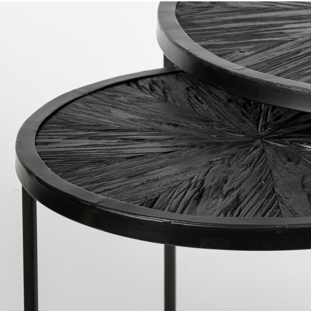 Chakra 19.7' Set of Two Round Dark Wood Top Black Frame Accent Tables, Side & End Table by Mercana, 19.69" length x 19.69" width x 19.69" height View 9