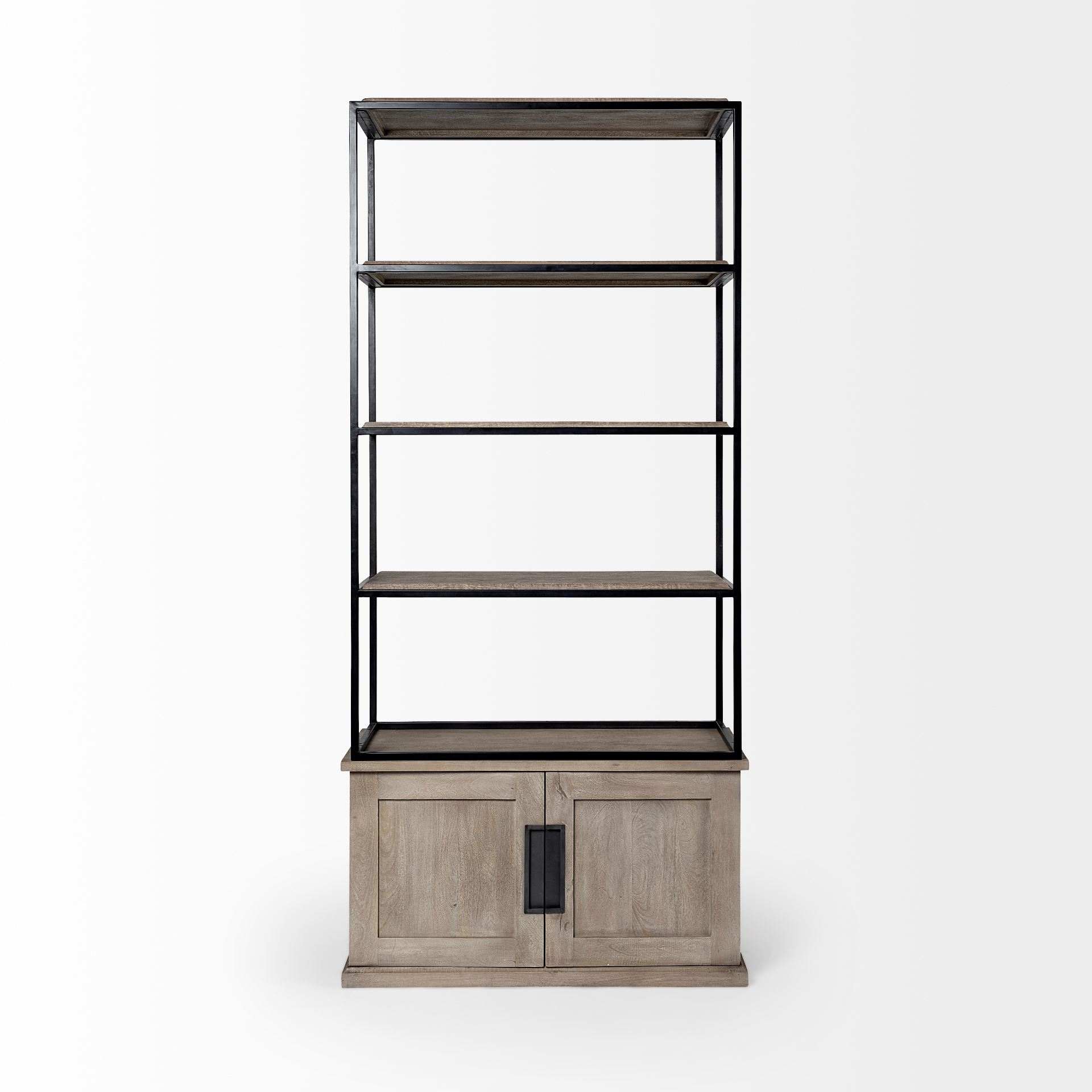 Braxton II Light Brown Wood and Iron Three Shelf Shelving Unit 41.5L x 18.5W x 9, Shelving & Bookcase by Mercana, 41.5" length x 18.5" width x 90" height View 4