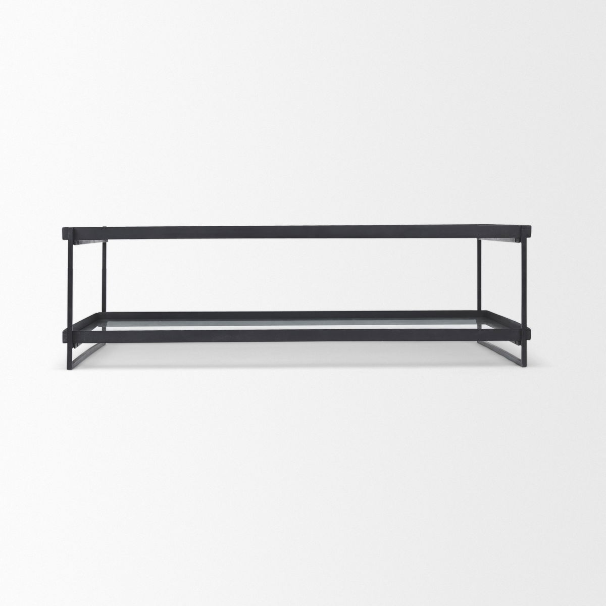 Trey 56'L x 32'W x 17'H Black Metal with Glass Coffee Table, by Mercana, 56" length x 32" width x 17" height View 6